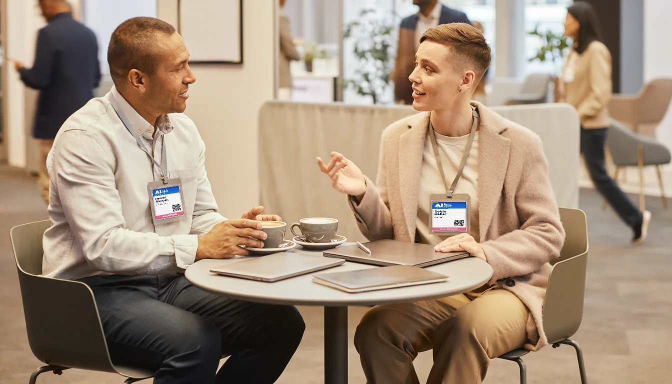 Two attendees talking over coffee at a booked 1:1 meeting