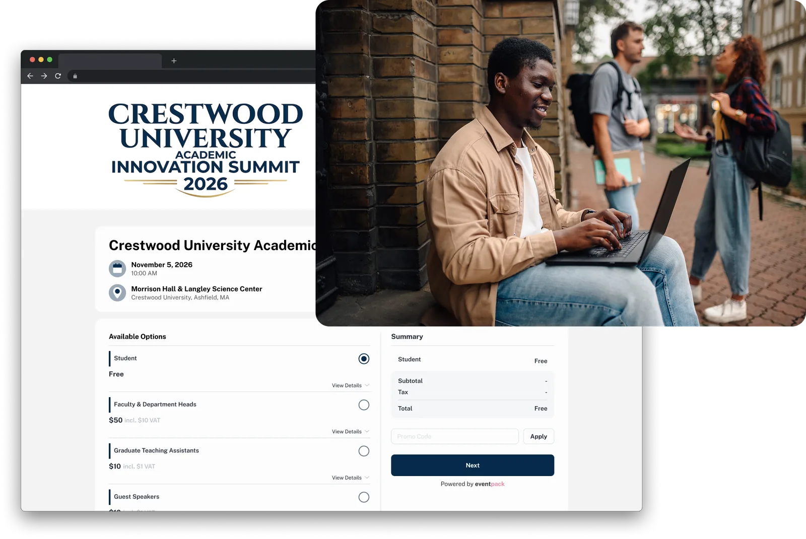 Eventpack registration page with a student viewing it on a laptop