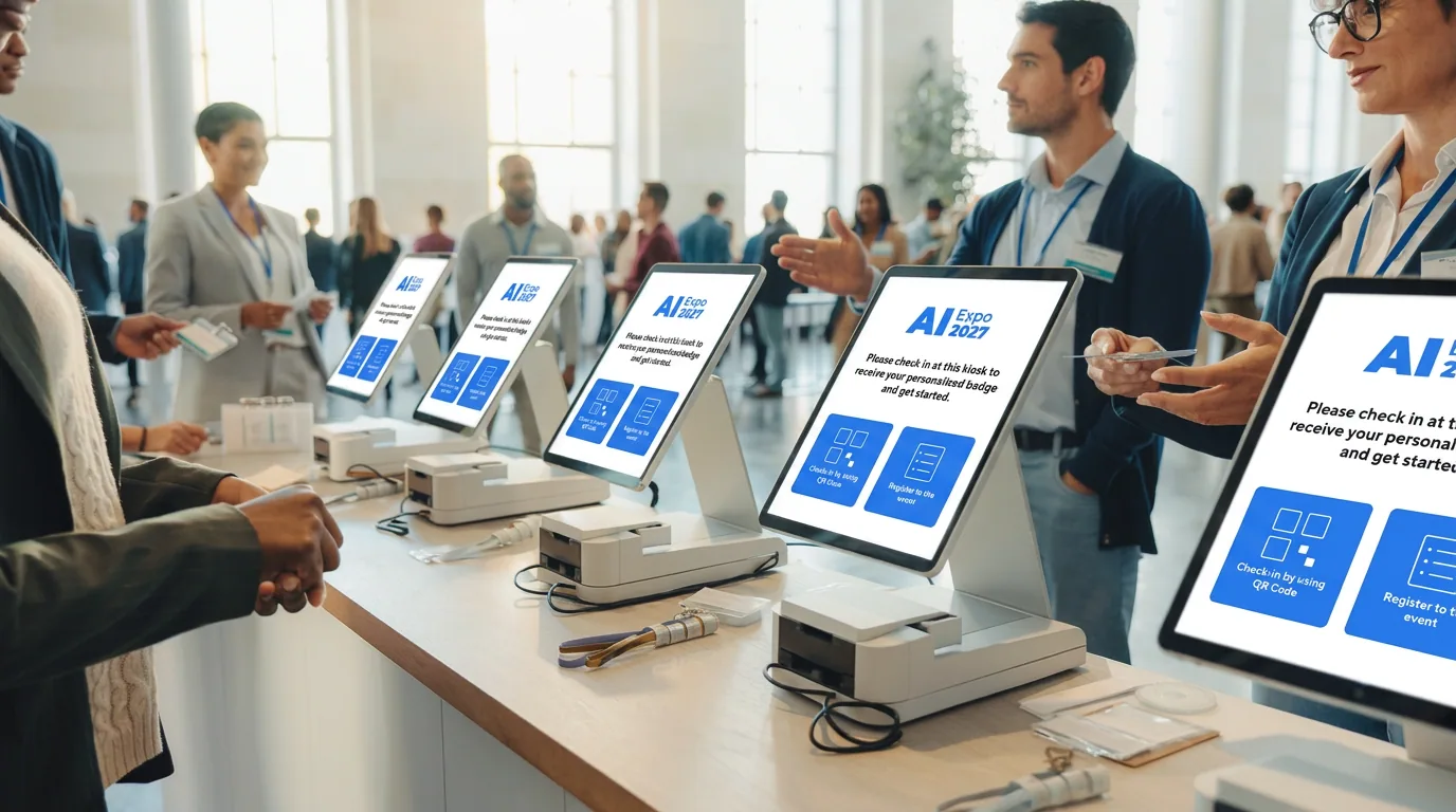 Guests checking in at a row of Eventpack kiosks on arrival