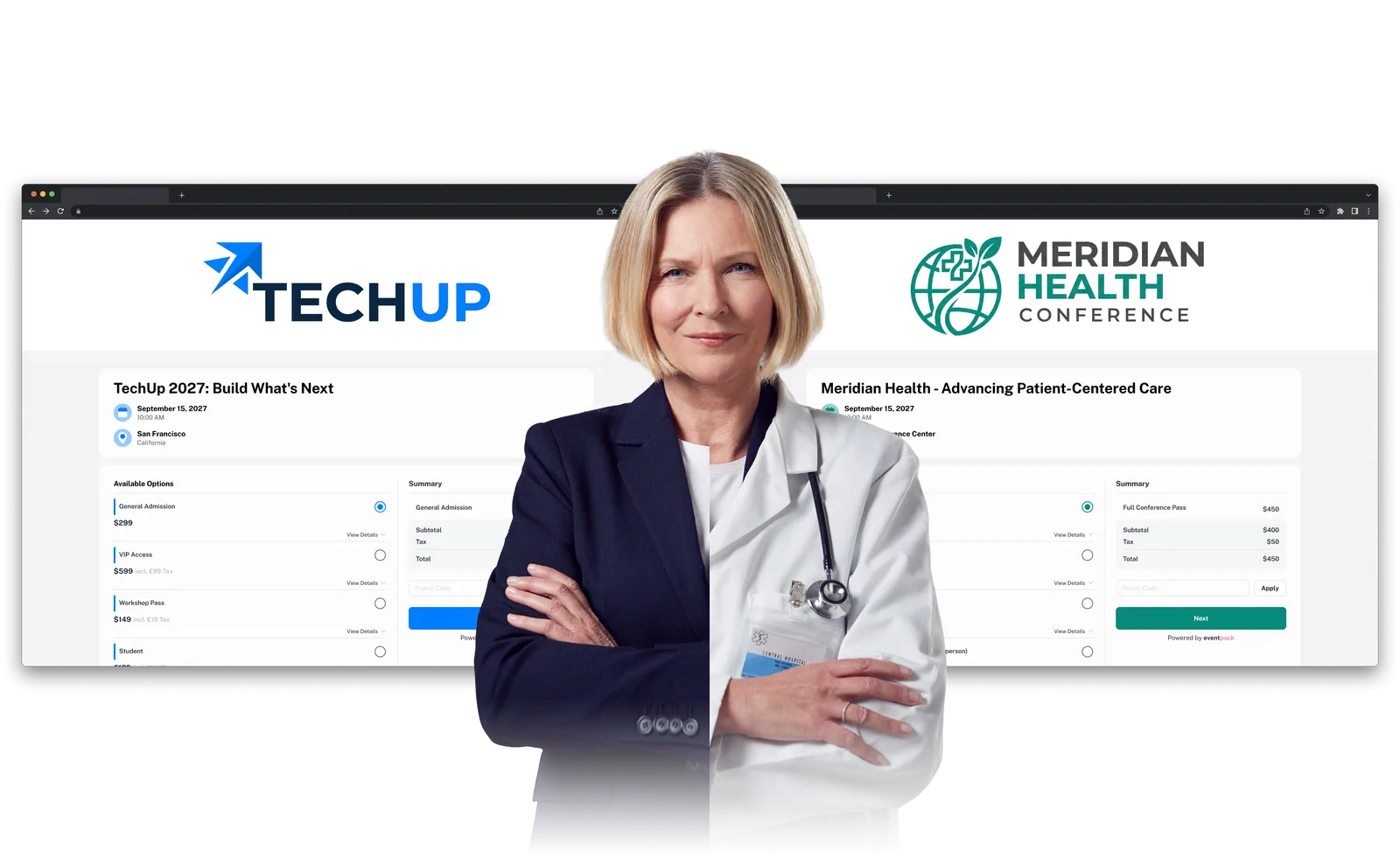 Event producer, dressed half for a tech conference and half for a health conference, in front of two client-branded Eventpack registration pages side by side