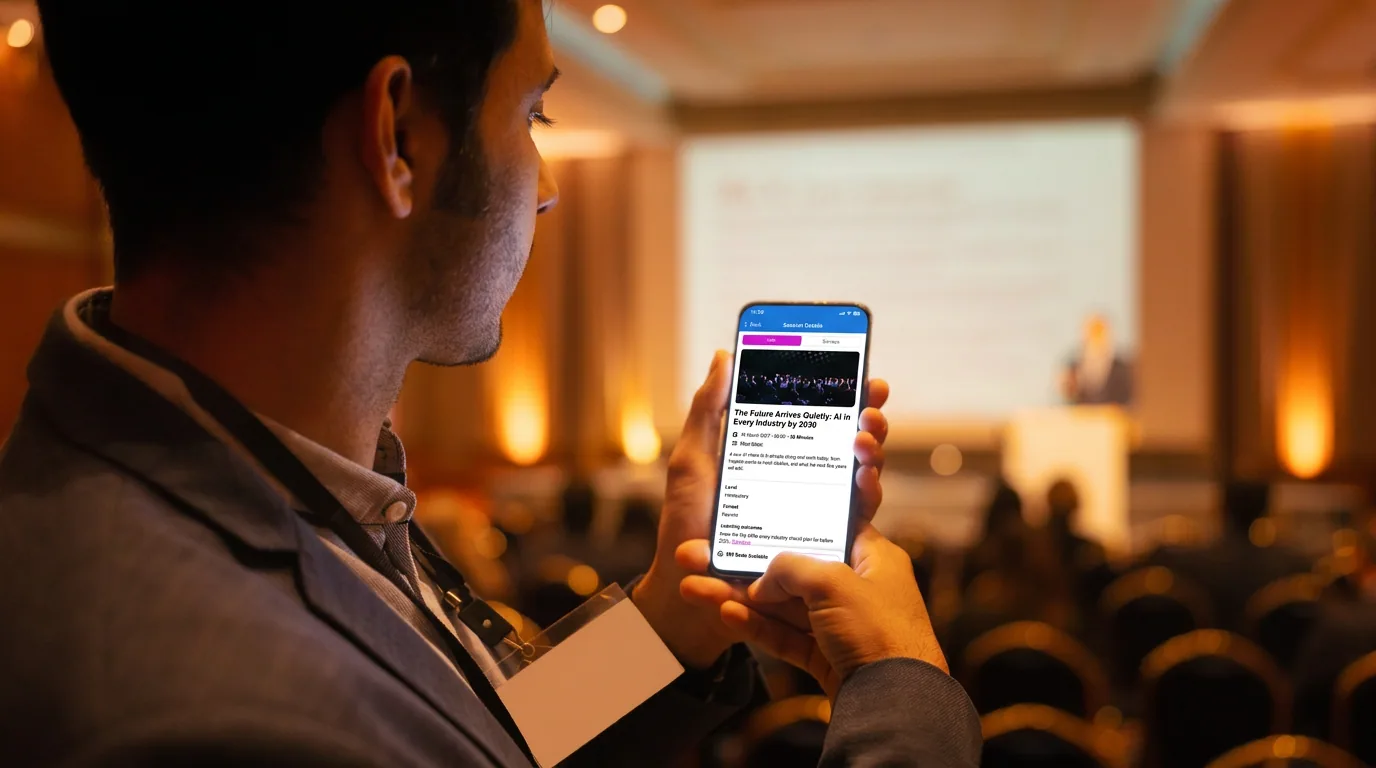 Attendee reading the session details in the Event App during a talk
