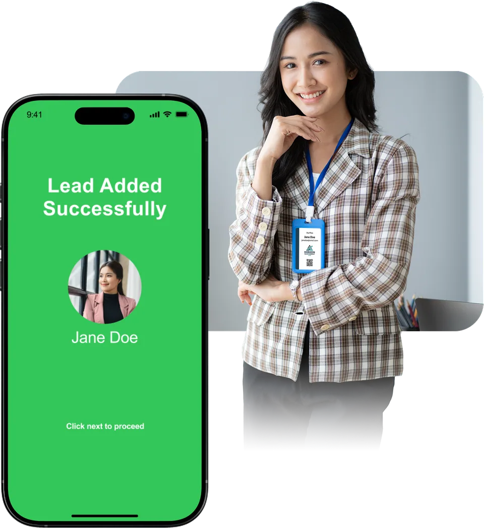Phone showing the Lead Capture App confirming a lead was added, next to an attendee wearing a QR badge