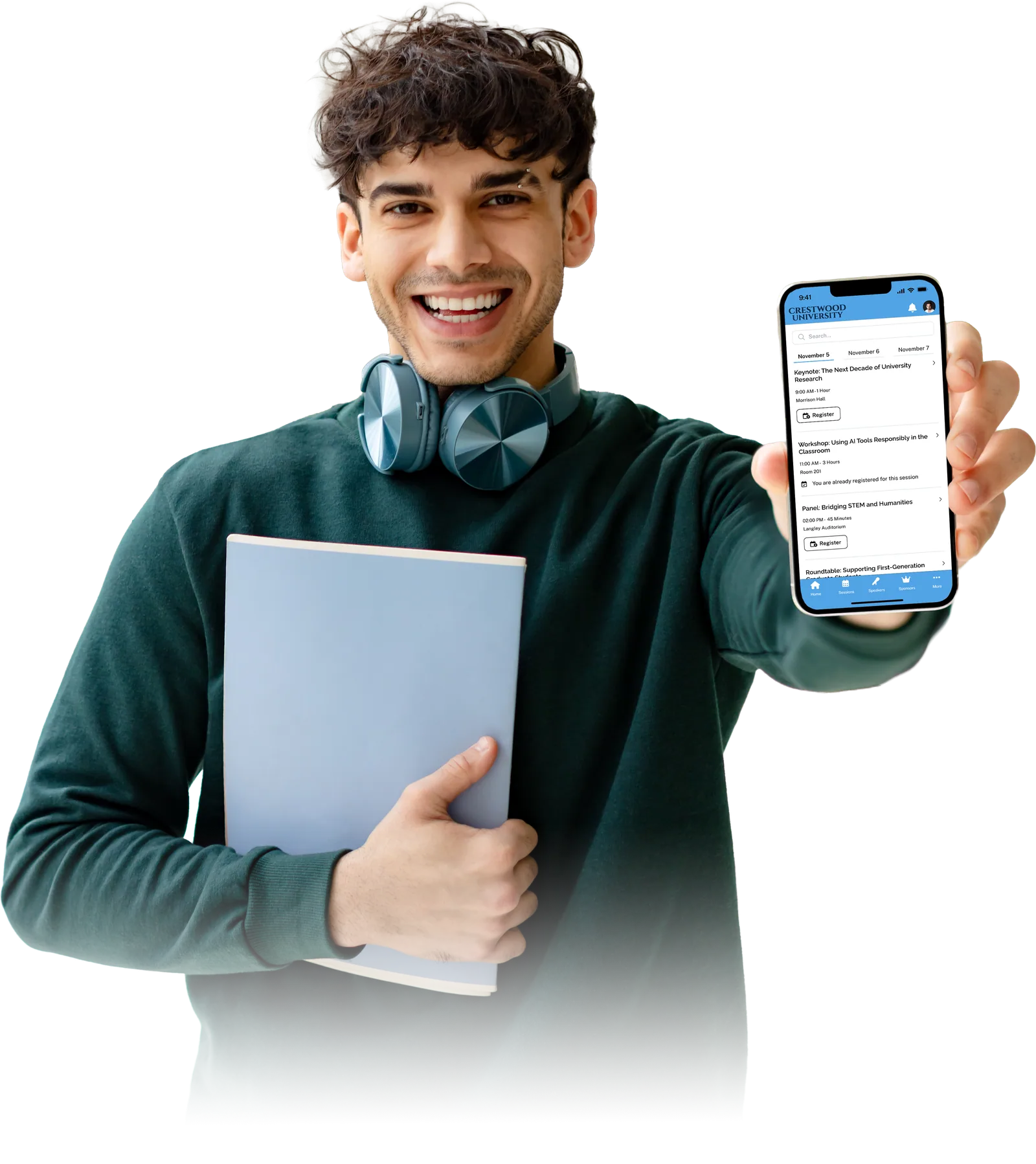 Attendee holding a phone that shows the Event App sessions page