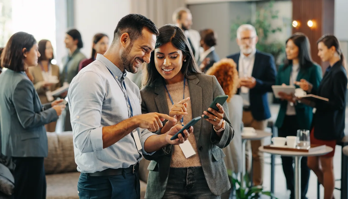Two attendees swapping contact details on their phones at a networking reception