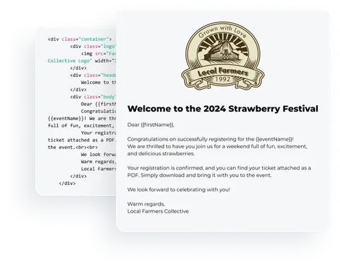 Email template design next to its HTML code in Eventpack