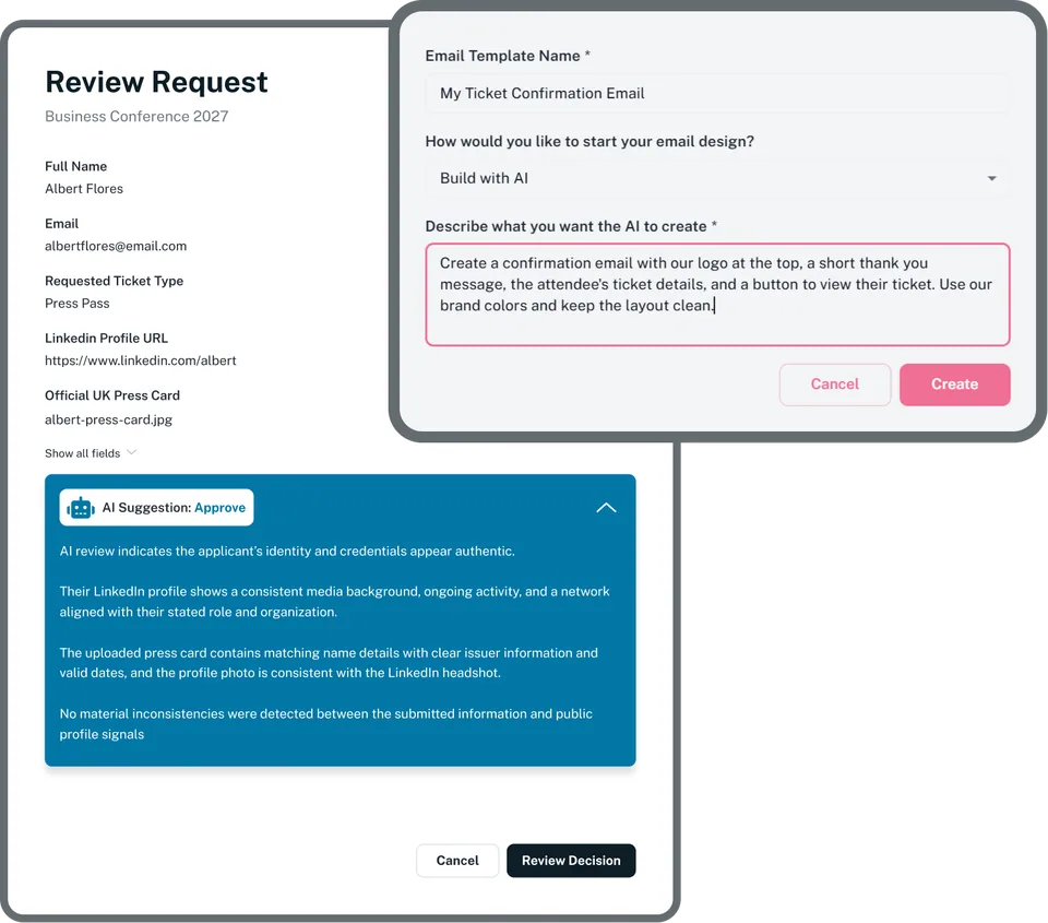 AI suggestion on a ticket review request next to the reviewer's decision button, and a Build with AI email prompt