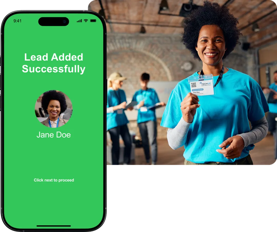 Lead Capture App confirming a lead was added, next to an attendee holding her event badge