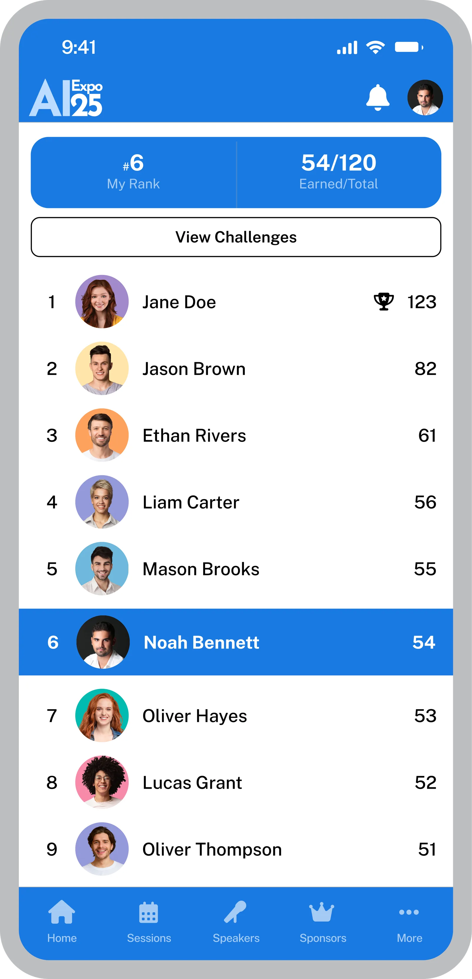 Event App page showing attendee points and the leaderboard