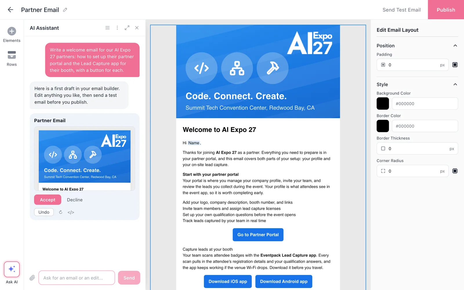 The Eventpack email builder with the AI Assistant open: a prompt for a partner welcome email, the AI's draft with Accept and Decline, and the email in the canvas