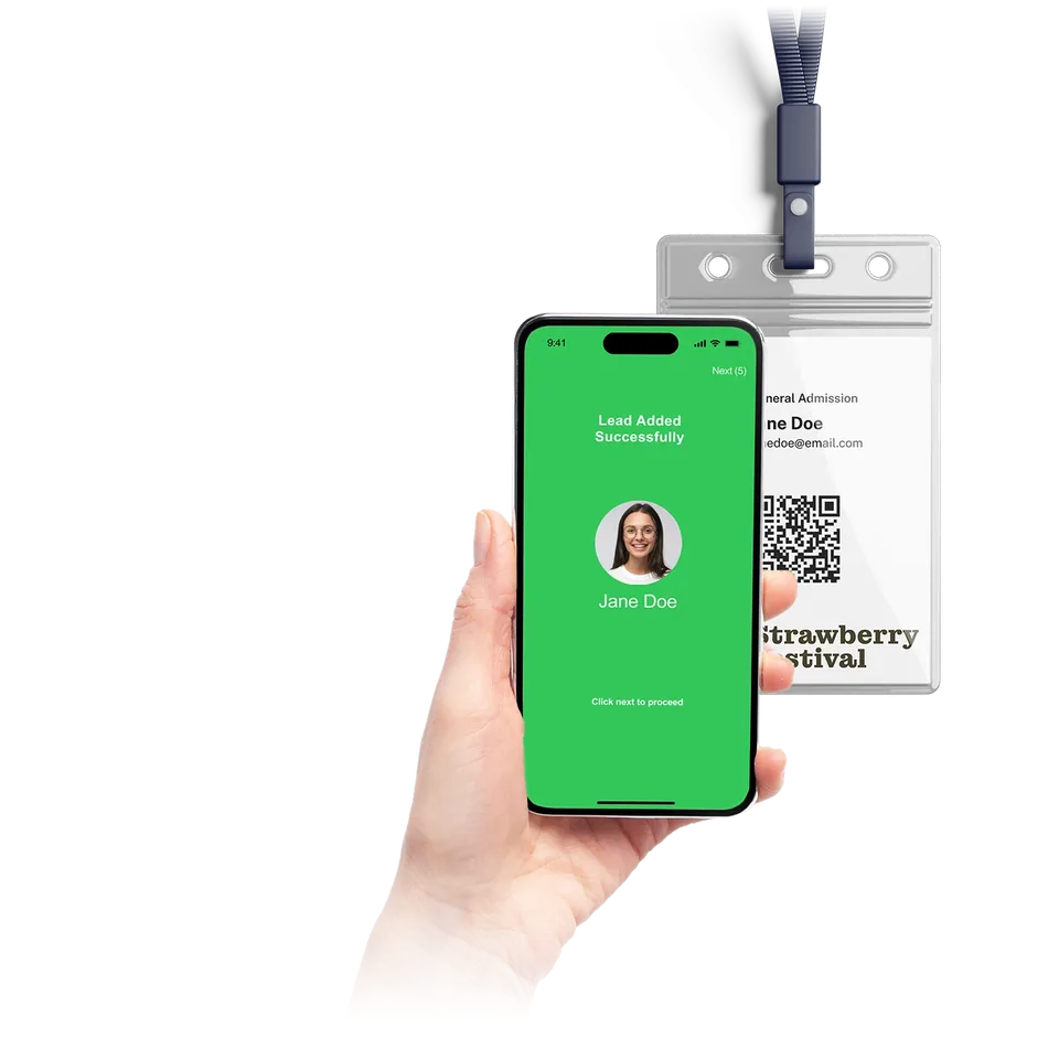 Phone scanning the QR code on an event badge to capture a lead