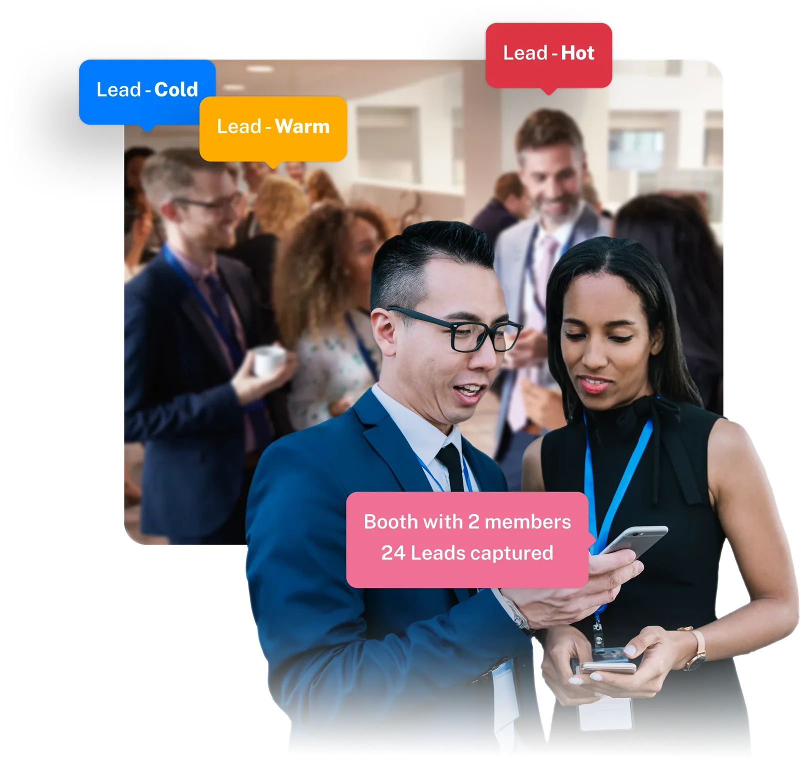 Two exhibitor team members at their booth reviewing leads