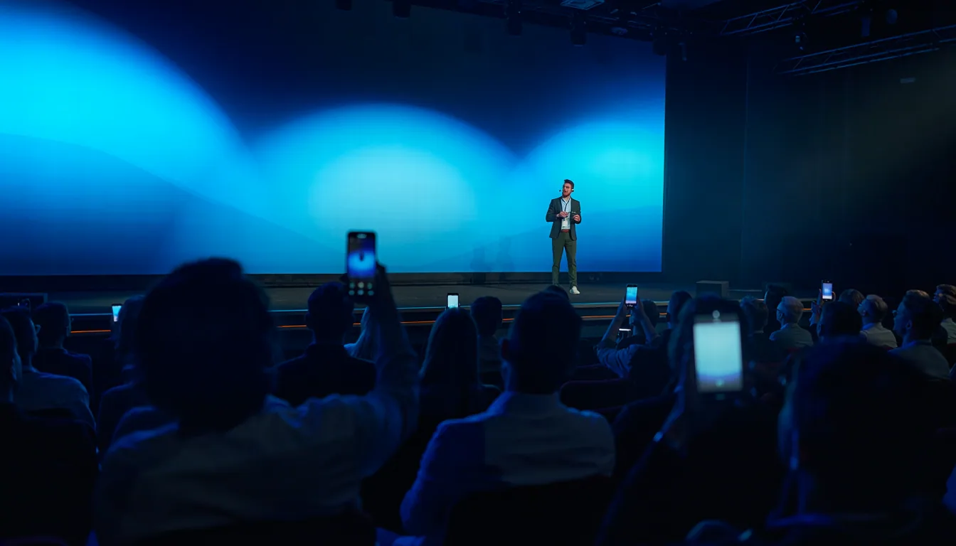 Speaker on stage in front of a large blue LED wall, with audience members raising their phones