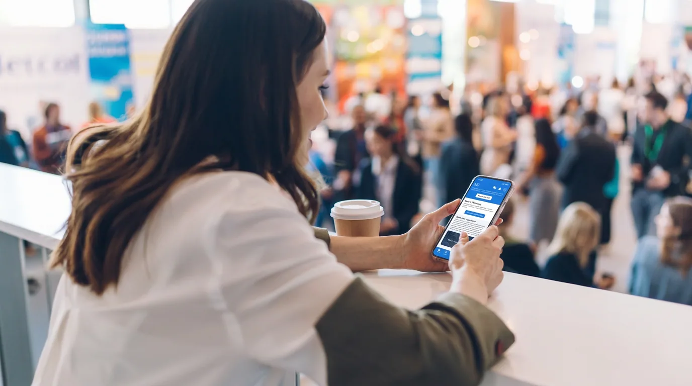 Attendee scrolling the Event App social feed over coffee in the exhibition hall