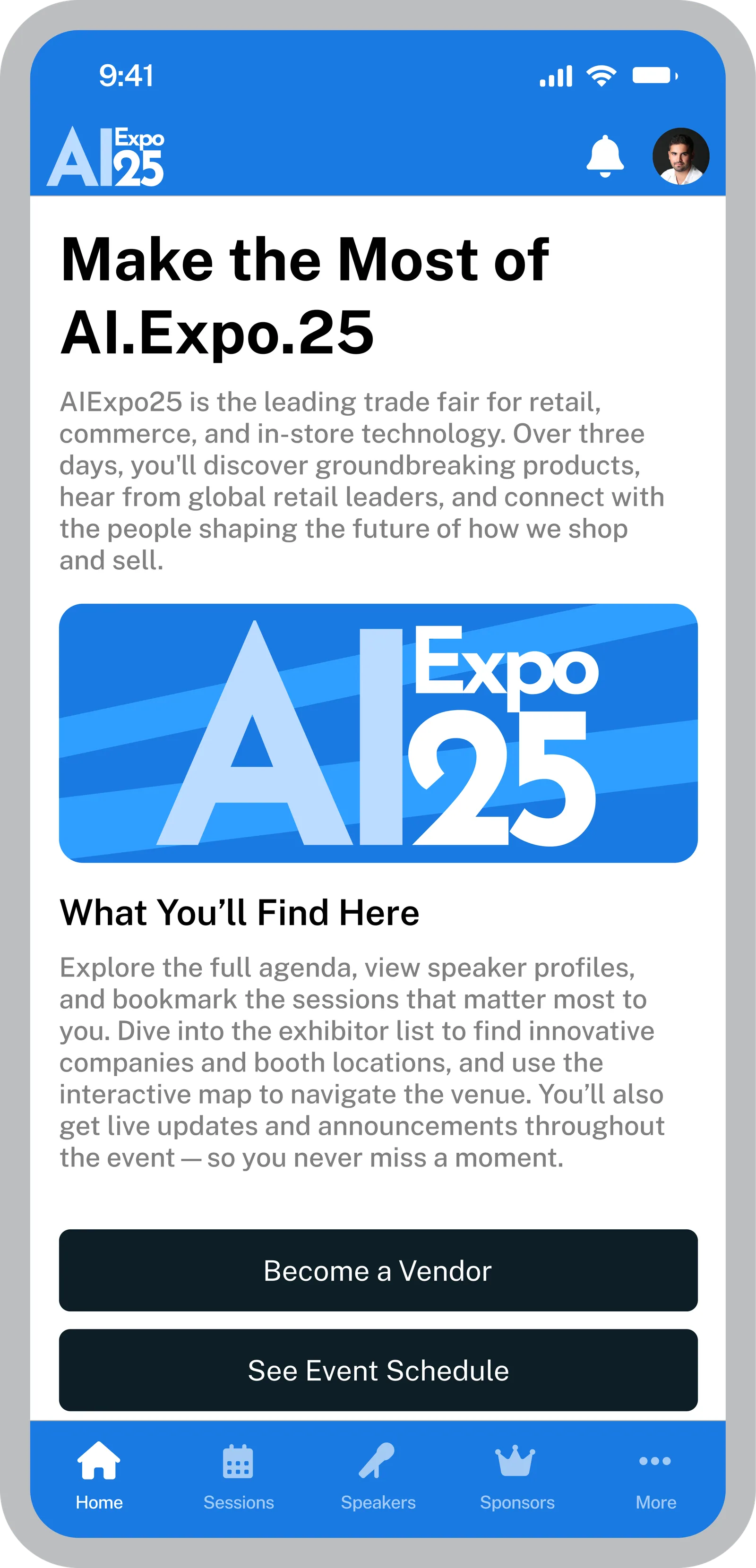 Eventpack Event App home page built in the visual builder
