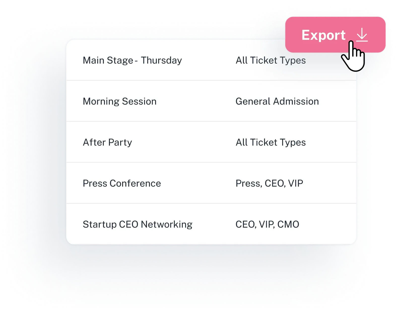 Session list in Eventpack with the export button