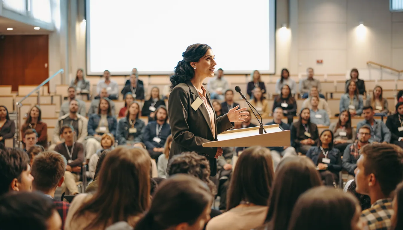 Speaker at a lectern addressing a packed university auditorium